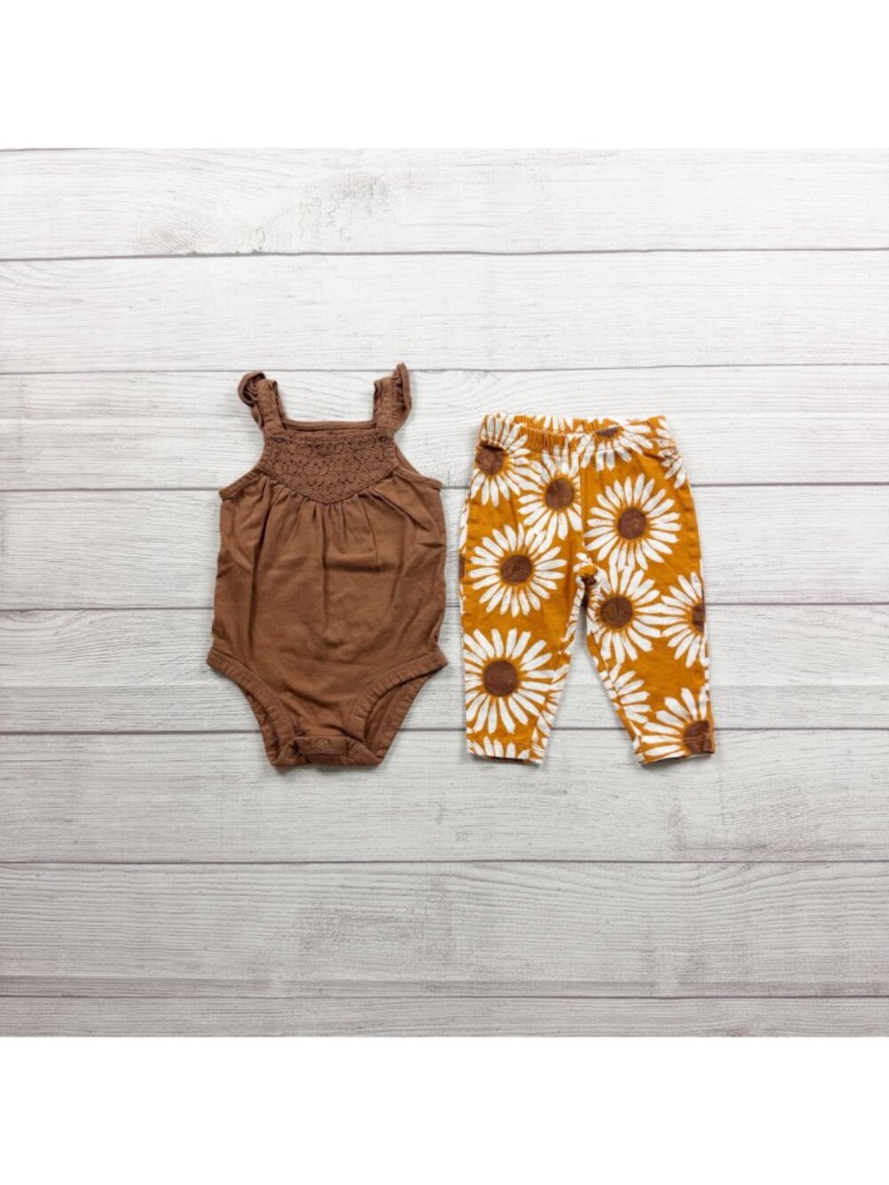 Carter's Baby Girl Brown Bodysuit Sunflower Pants Set Outfit 3-6 Months - Picture 2 of 4